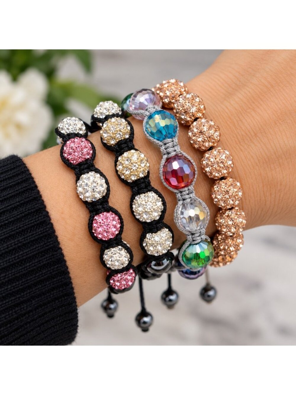 Lot 4 Shamballa Style Crystal Rhinestone Beaded Adjustable Macrame Bracelets